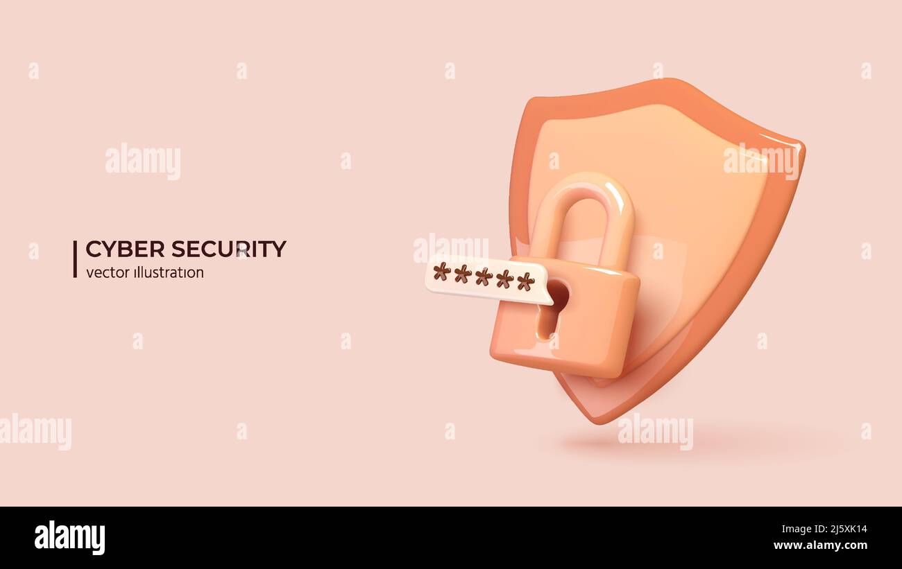 Cyber security concept. Realistic 3d padlock with password and shield. The concept of mobile phone and personal data protection. Vector illustration Stock Vector