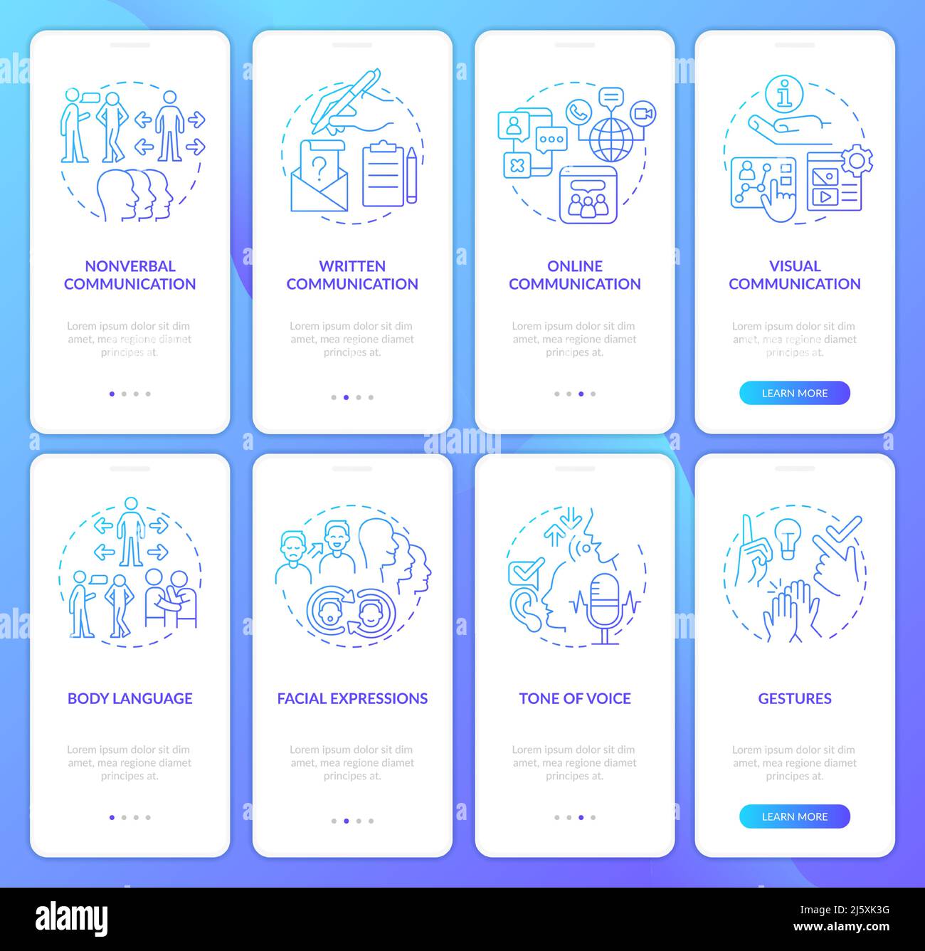Improve communication skills gradient onboarding mobile app screen set Stock Vector