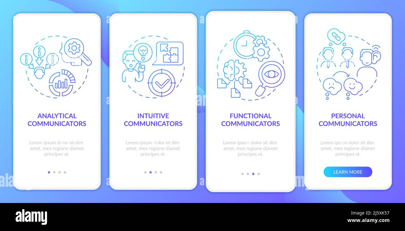Types of communicators blue gradient onboarding mobile app screen Stock Vector