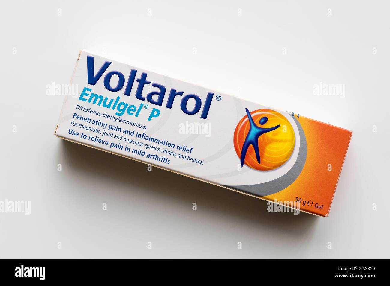 Box with tube of Voltarol pain and inflamation relief gel Stock Photo