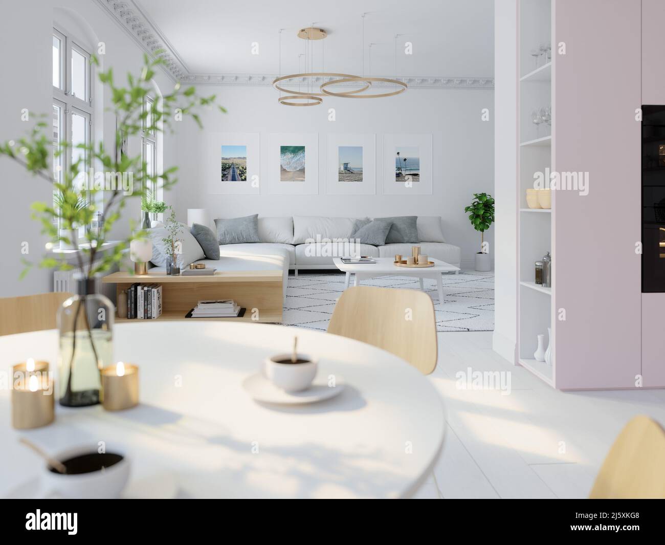 3D illustration. nordic style kitchen in an apartment. Stock Photo