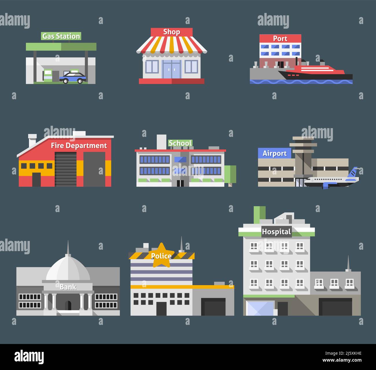 Government flat buildings decorative icons set with gas station shop port isolated vector illustration Stock Vector