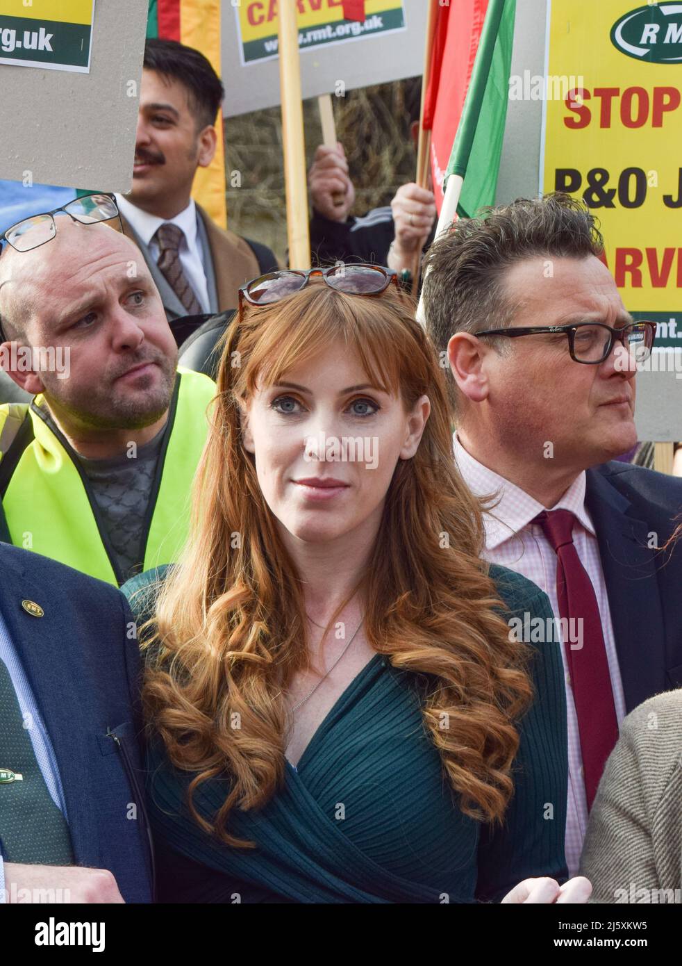 London, UK. 21st March 2022. Labour deputy leader Angela Rayner joins the protesters outside Parliament. P&O Ferries staff and RMT Union members marched from the headquarters of DP World, the company which owns P&O, to Parliament, after 800 UK staff were fired and replaced by agency workers. Stock Photo