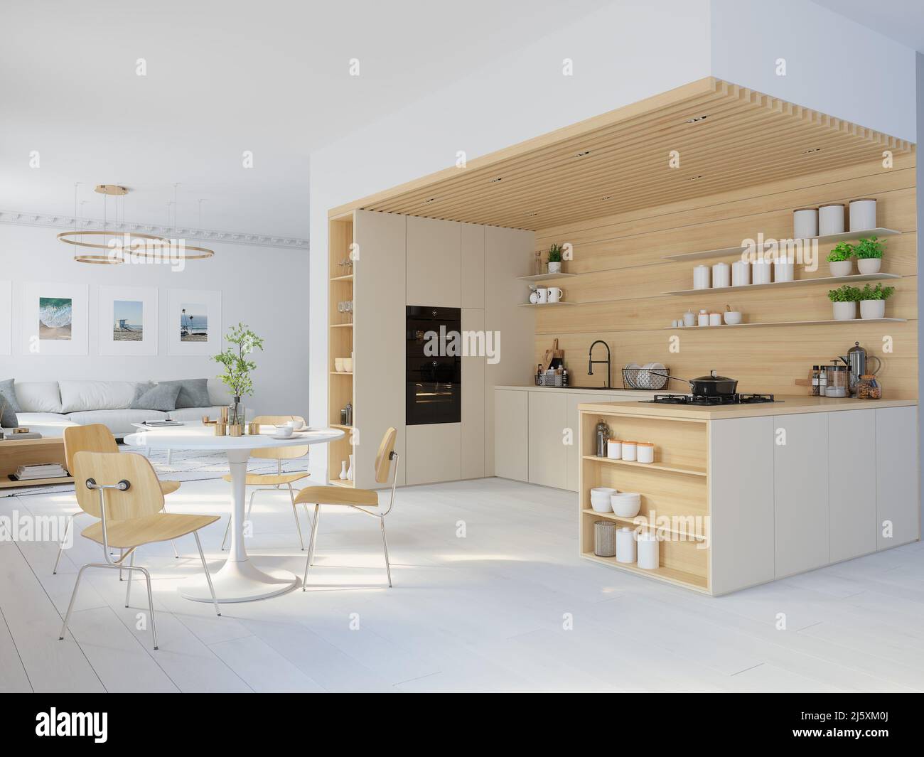 Picture of 3D illustration. nordic style kitchen in an apartment Stock Photo - Alamy