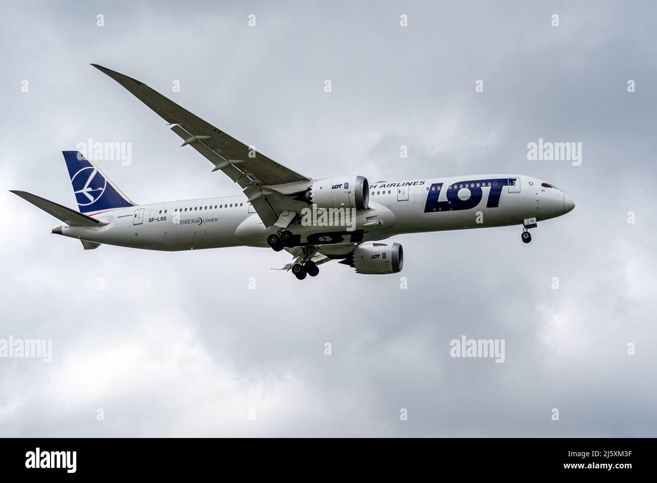 B787 Dreamliner landing at Warsaw Chopin Airport Stock Photo