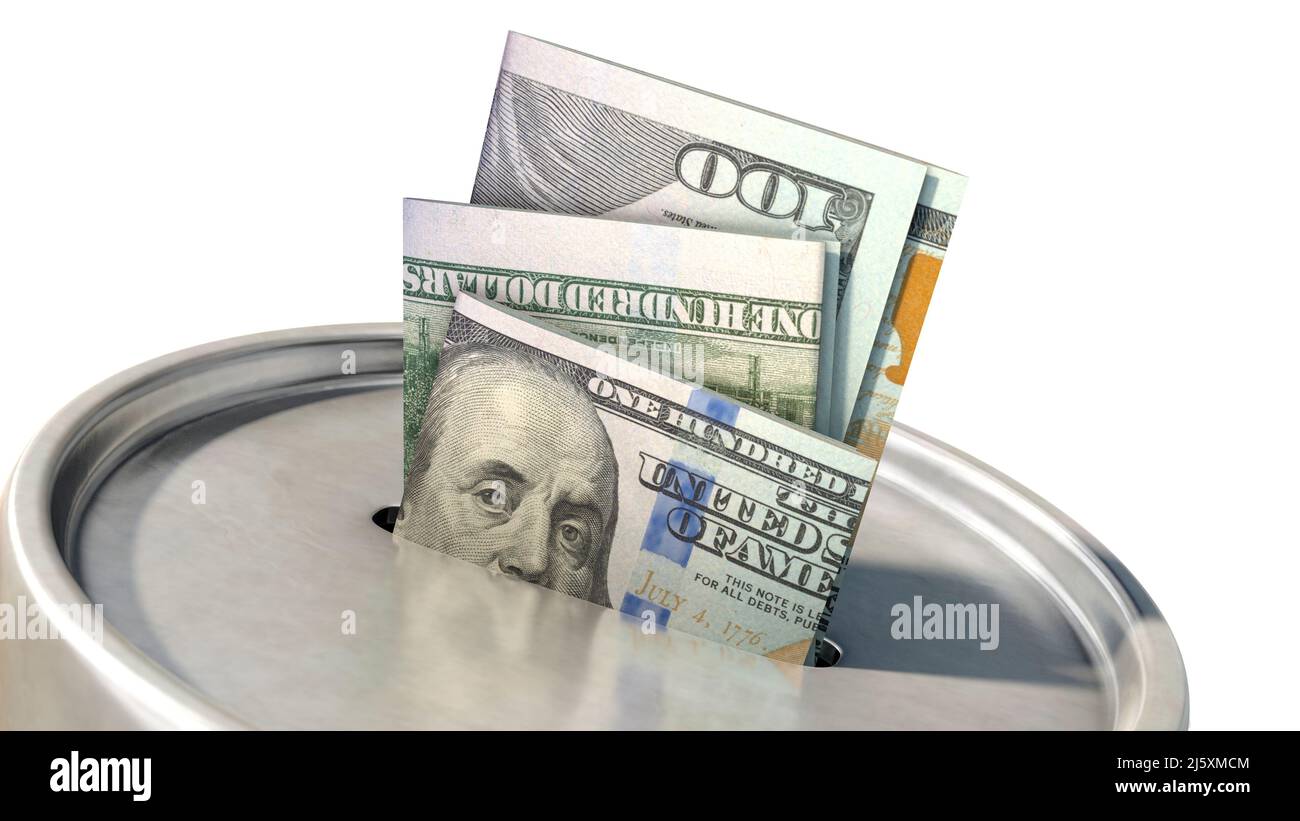 Donation box with US Dollar banknotes Stock Photo