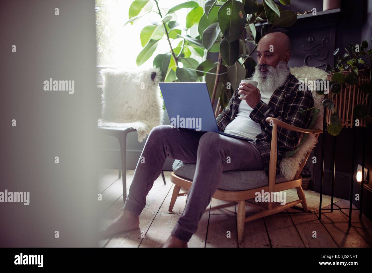 Mature man with tea using laptop in armchair at home Stock Photo