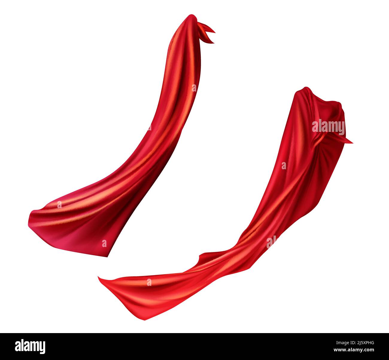 Red cloaks set. Silk flattering capes side view on different positions isolated on white background. Carnival, masquerade dress, superhero costume des Stock Vector