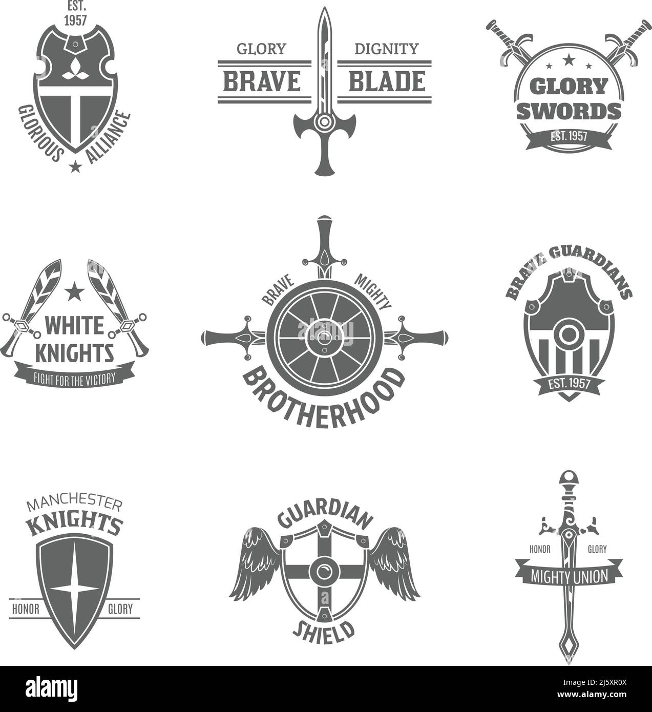Vintage heraldic coat of arms labels set with swords and guardian shields emblems icons isolated vector illustration Stock Vector