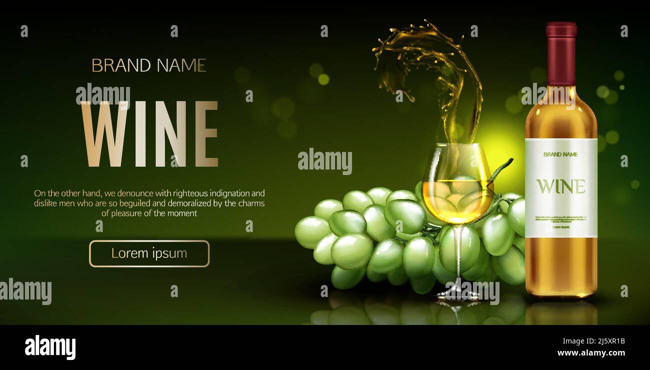 White wine bottle, glass with splash and bunch of grapes mockup banner