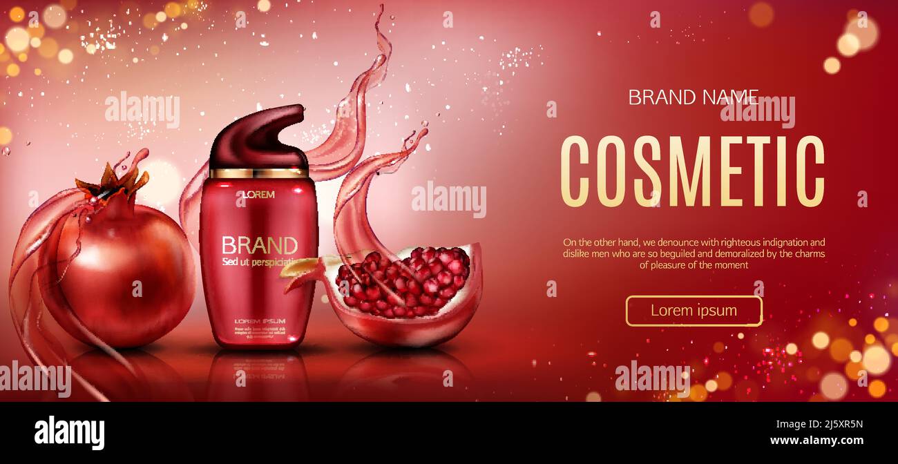 Pomegranate cosmetic mock up banner, pump bottle with ripe garnet and water splashes, beauty skin care cosmetics product tube package design mockup pr Stock Vector