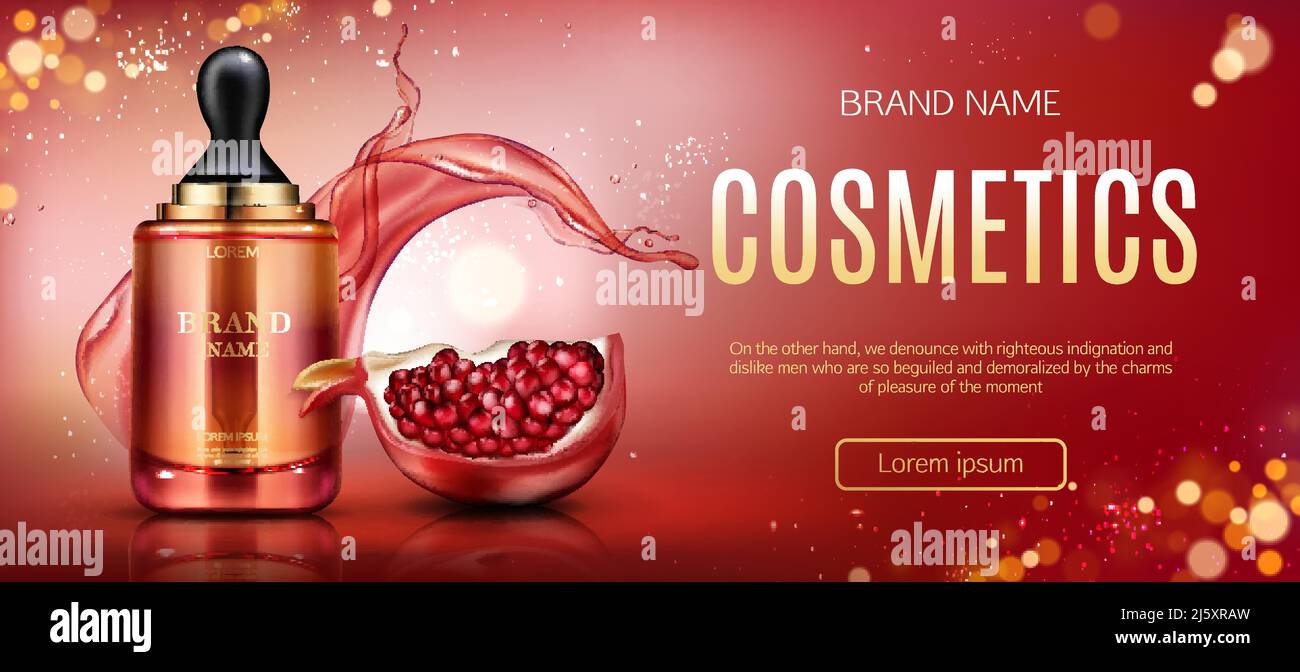 Pomegranate cosmetic mock up banner, serum pipette bottle with ripe garnet and water splashes, beauty skin care cosmetics product tube package mockup Stock Vector
