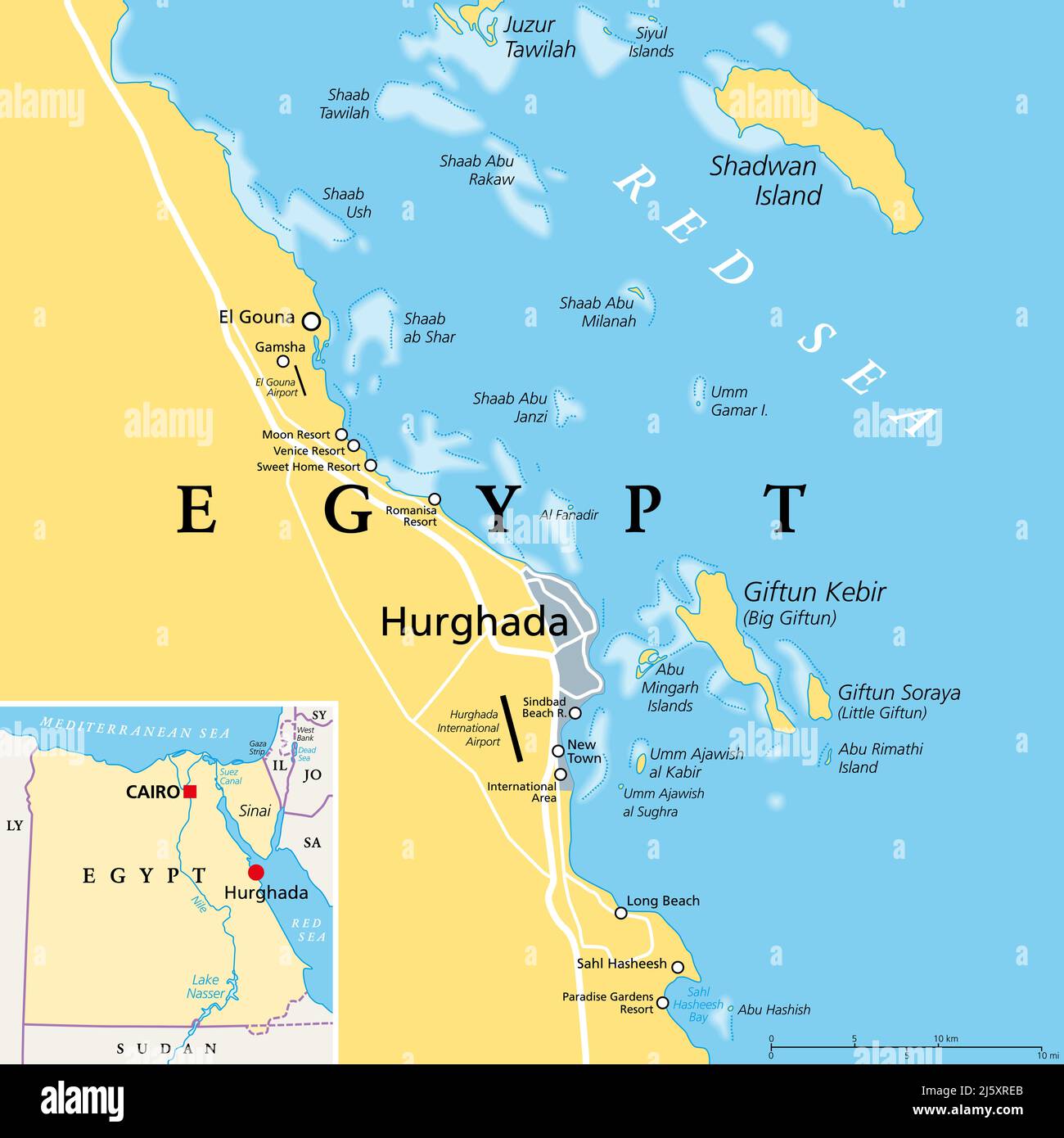 Hurghada and vicinity, Egypt, political map. City and area in the Red Sea Governorate of Egypt, and one of the main tourist centres of the country. Stock Photo
