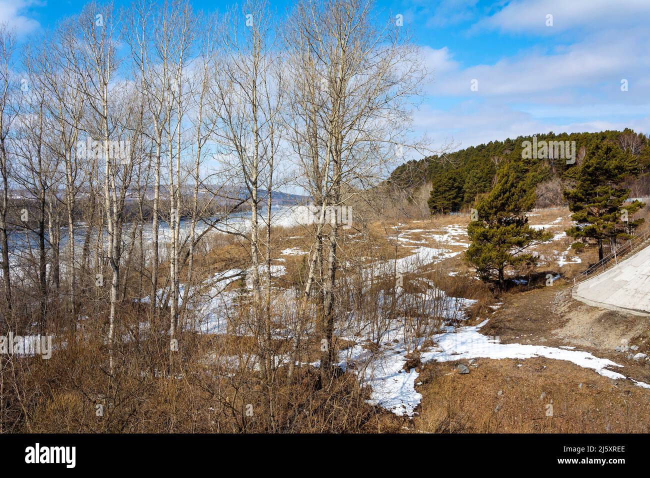View of the Tom River valley during an ice drift, Kemerovo region ...
