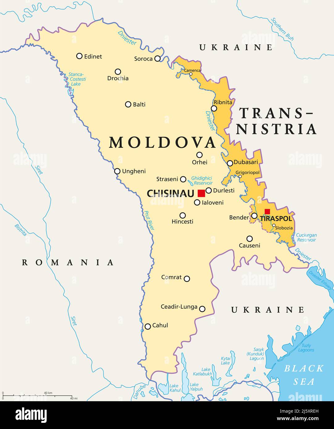 Moldova and Transnistria, political map. Republic of Moldova, with capital Chisinau, and the Pridnestrovian Moldavian Republic, PMR. Stock Photo