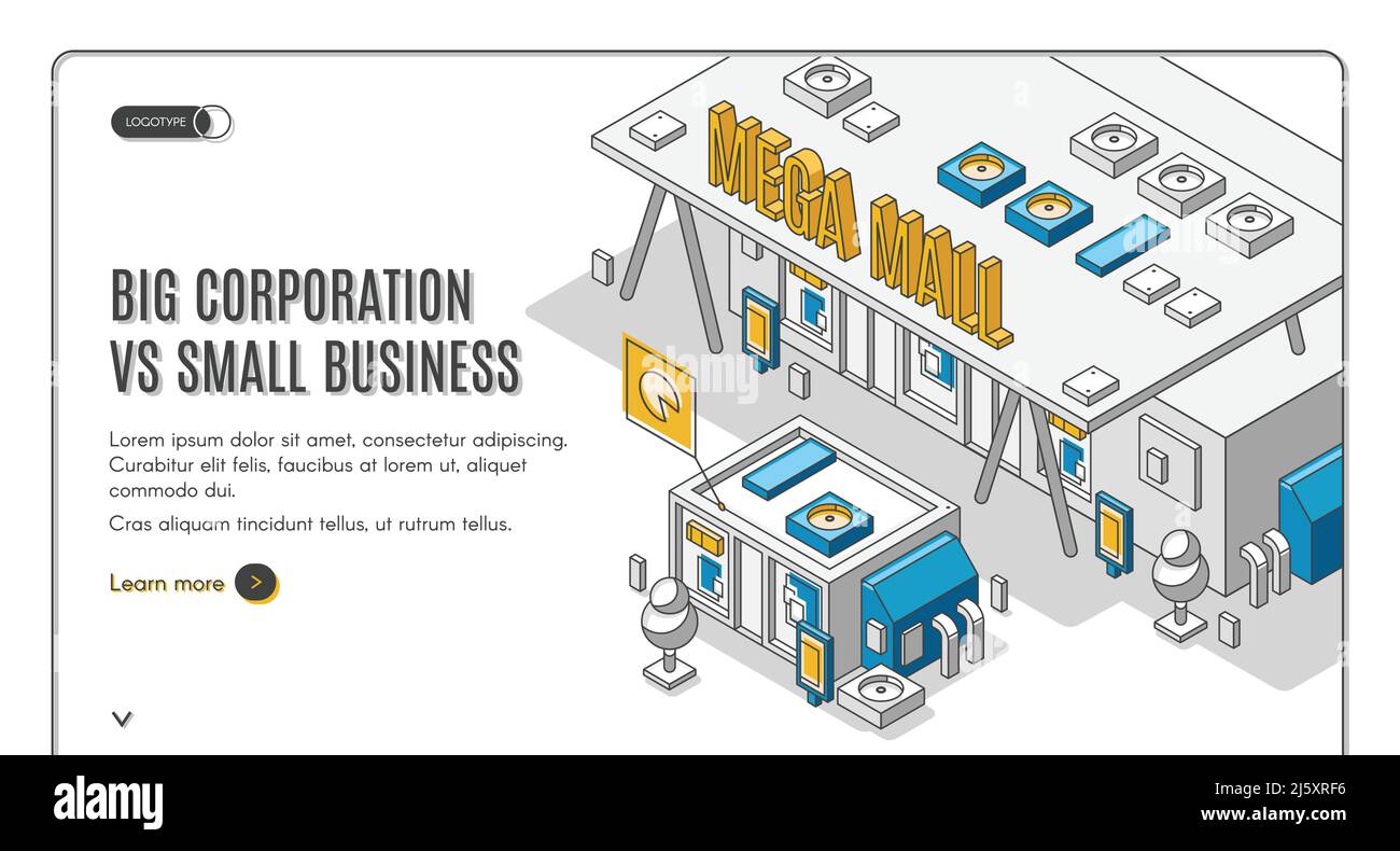 Big corporation vs small business isometric web banner, huge mega mall