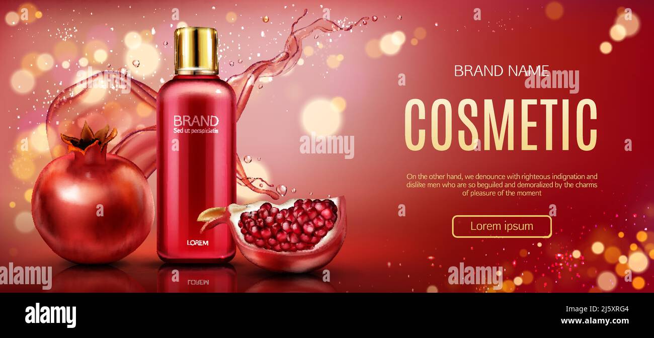 Pomegranate cosmetics mock up banner, bottle with ripe garnet and water splashes, beauty skin care cosmetics product tube package design mockup promo Stock Vector