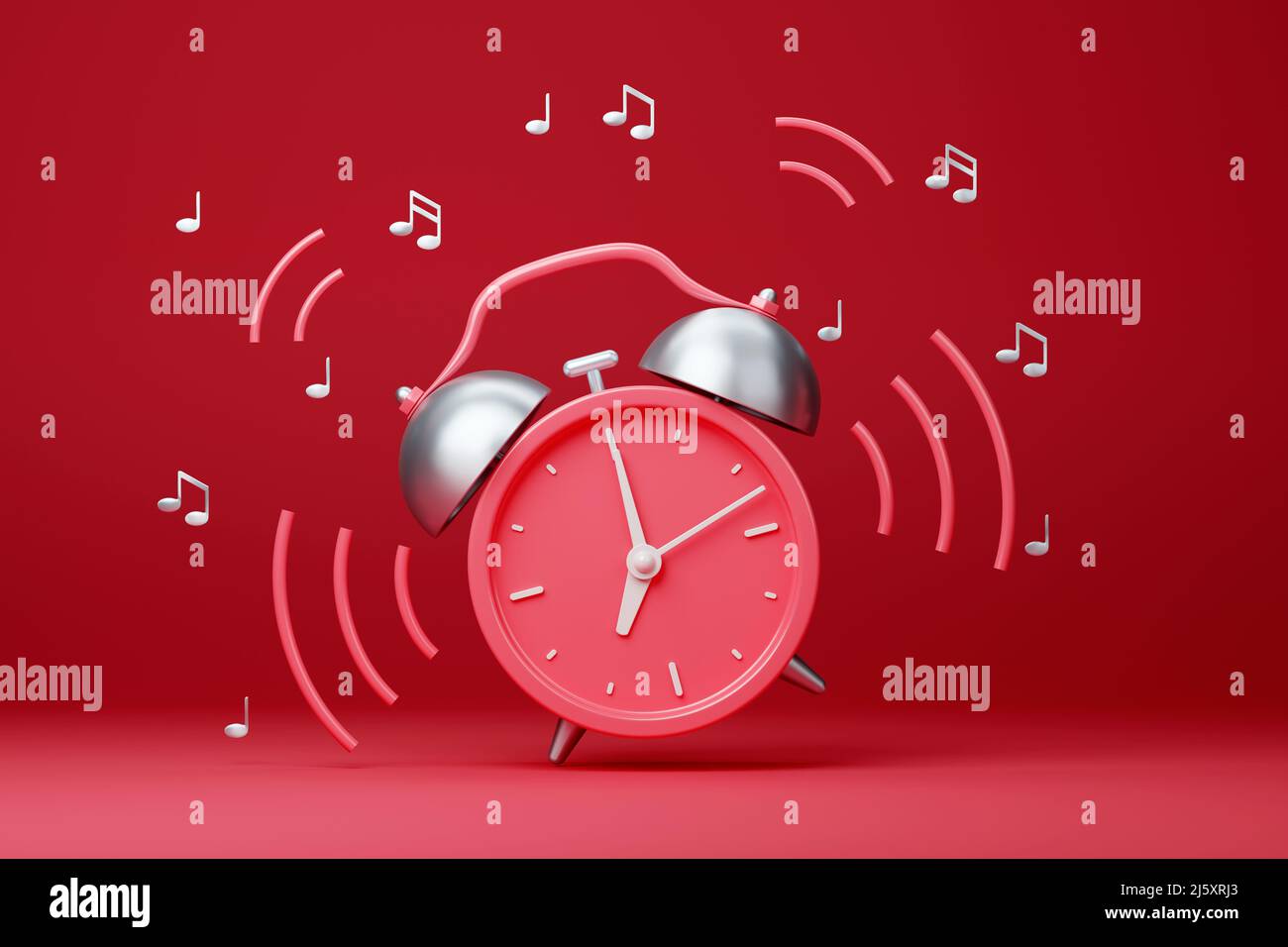 Red retro ringing alarm clock with sound waves on red background Stock