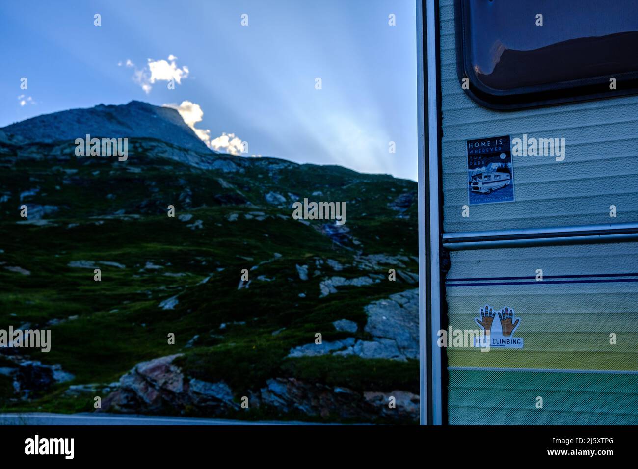 Retro vintage camper parked near the mountains Stock Photo - Alamy