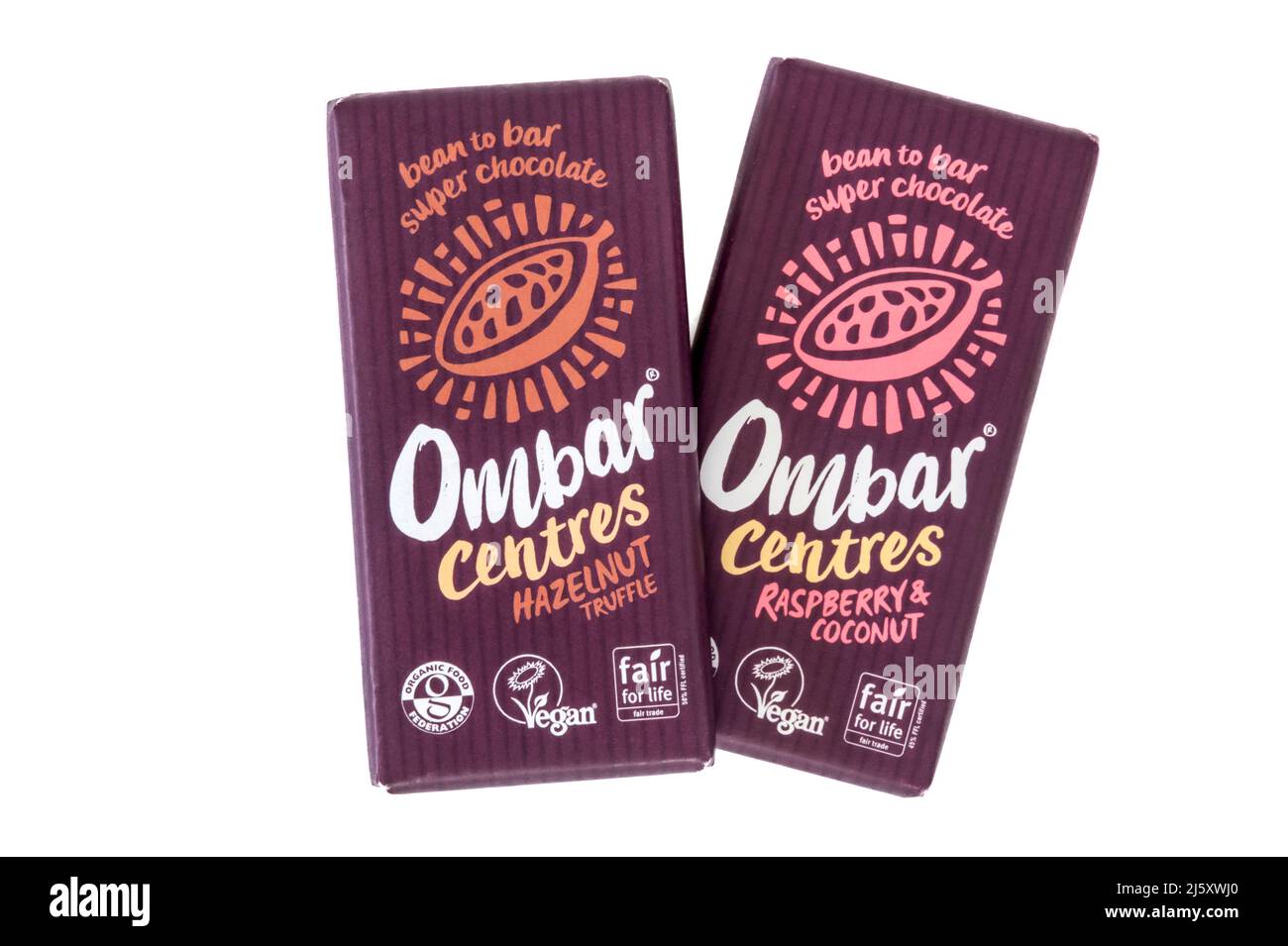 Ombar Centres Hazelnut Truffle and Raspberry & Coconut flavoured vegan chocolate bars. Stock Photo