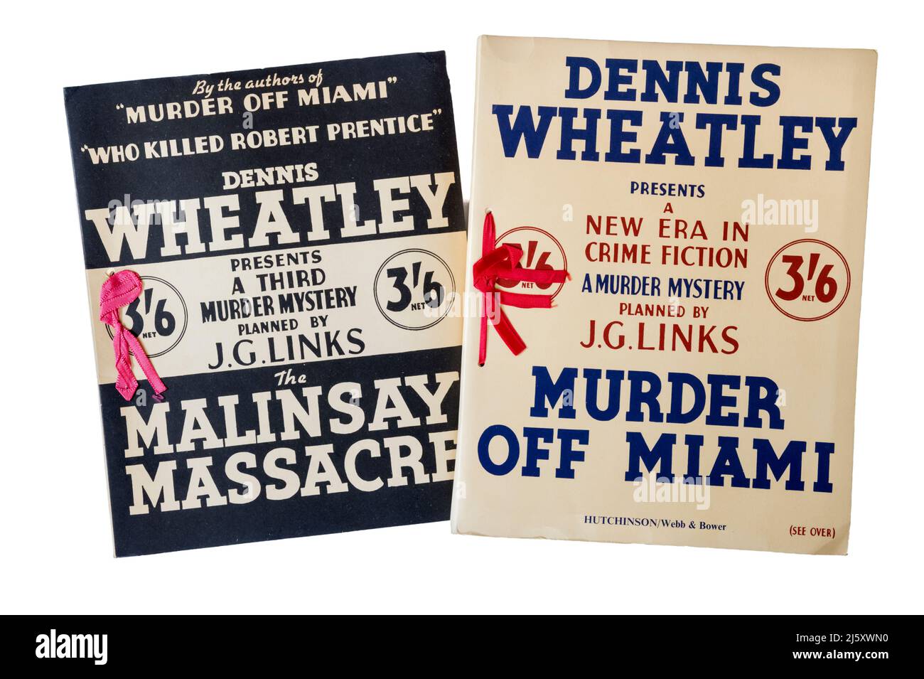 The Malinsay Massacre & Muder Off Miami by Dennis Wheatley presented as loose-leaf crime dossiers or case files complete with notes and evidence. Stock Photo