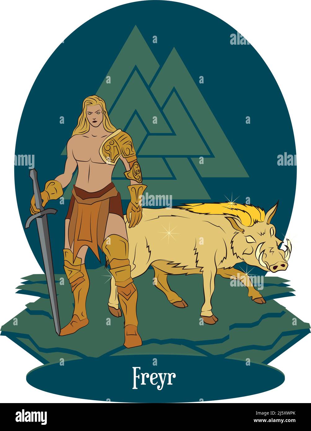 Illustration vector isolated of Norse or Scandinavian mythical god, Freyr Stock Vector