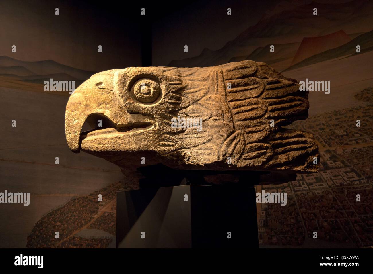 Leiden, The Netherlands - SEP 01, 2021: eagle bowl used for presenting offerings to the aztec gods from the ancient aztecs. From the area of Tehuacn, Stock Photo