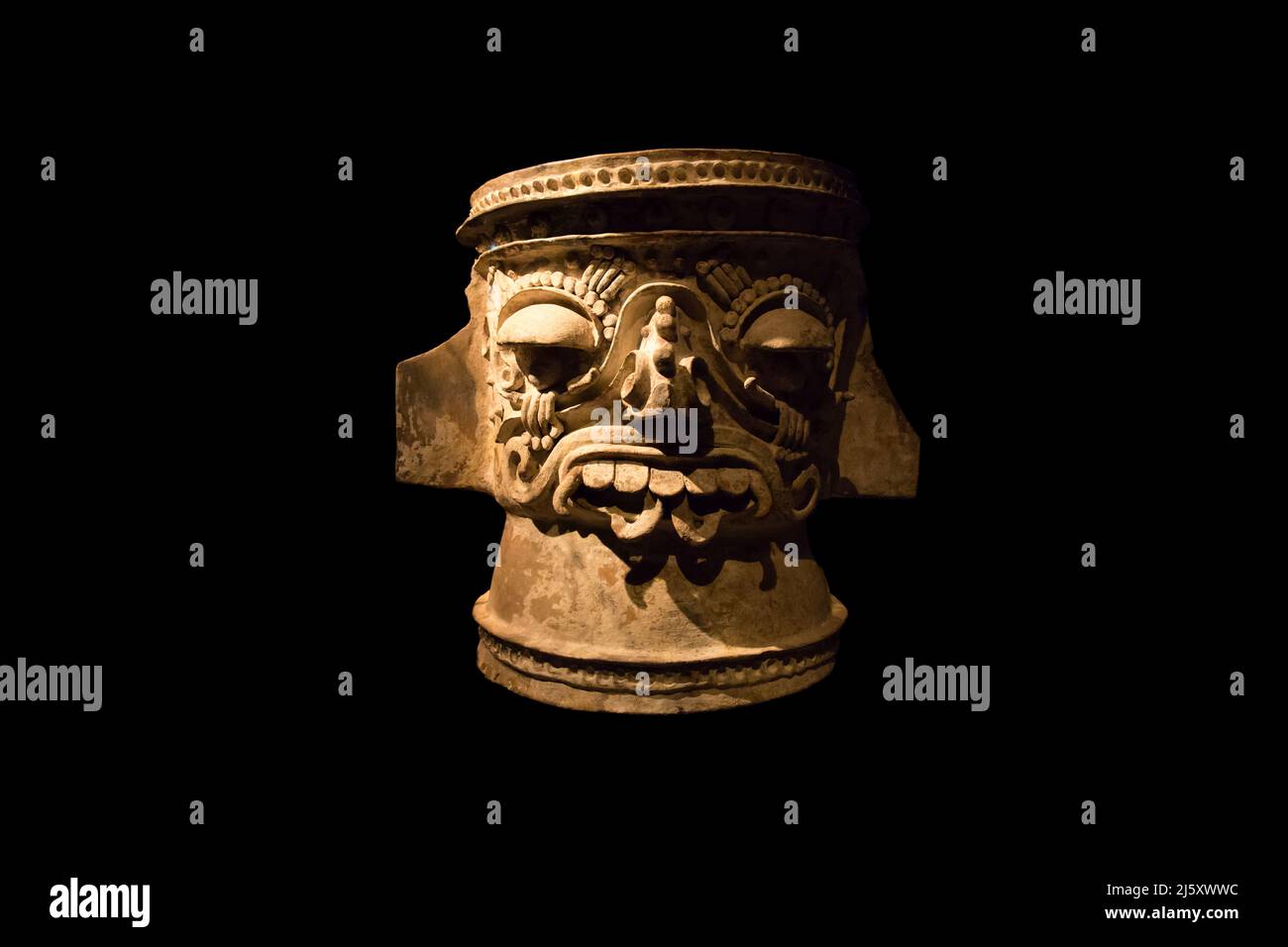 Leiden, The Netherlands - SEP 01, 2021: a large ceramic brazier depicting the rain god Tlaloc decorated in Toltec style. Found close to templo mayor, Stock Photo