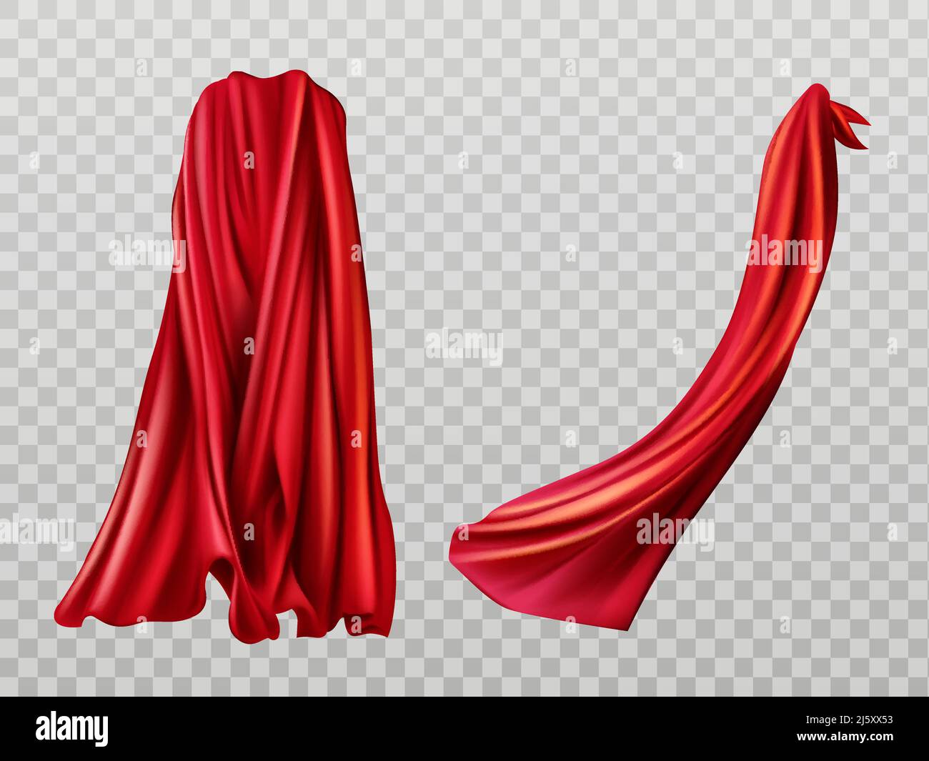 Red cloaks set. Silk flattering capes back and side view isolated on transparent background. Carnival, masquerade dress, superhero costume design elem Stock Vector