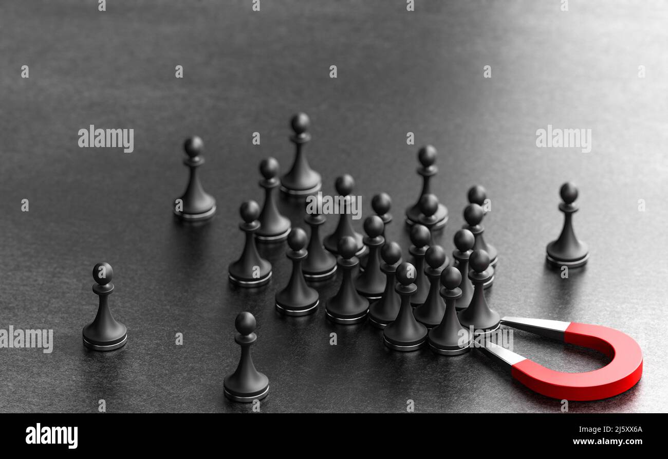 Horseshoe magnet attracting pawns over black background. Concept of inbound marketing. Attraction, engagement and conversion of new leads. 3d illustra Stock Photo