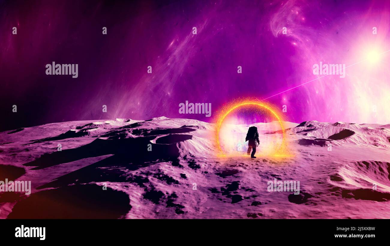 Travel in space time. Time traveler enters a portal that unites two worlds. Futuristic landscape of another planet. Sci-fi. New worlds Stock Photo - Alamy Travel in space time. Time traveler enters a portal that unites two worlds. Futuristic landscape of another planet. Sci-fi. New worlds Stock Photo - Alamy