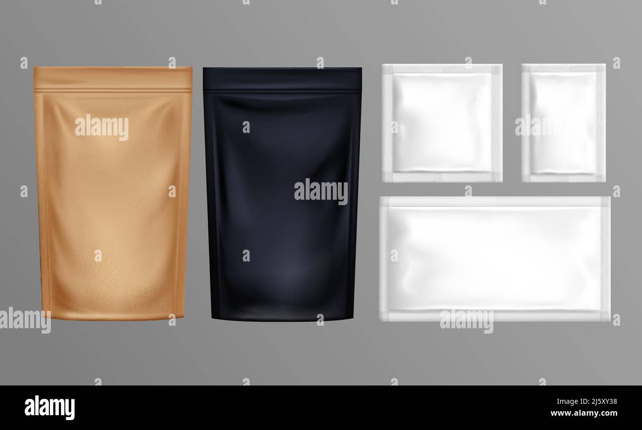 Sachet set. Pouch foil paper or plastic bags isolated on grey