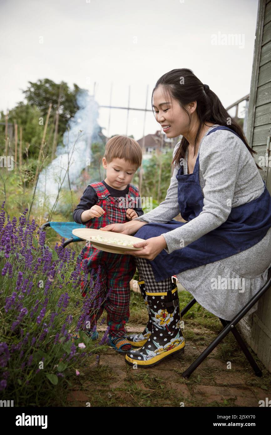 Mother and son with harvested beans in garden Stock Photo