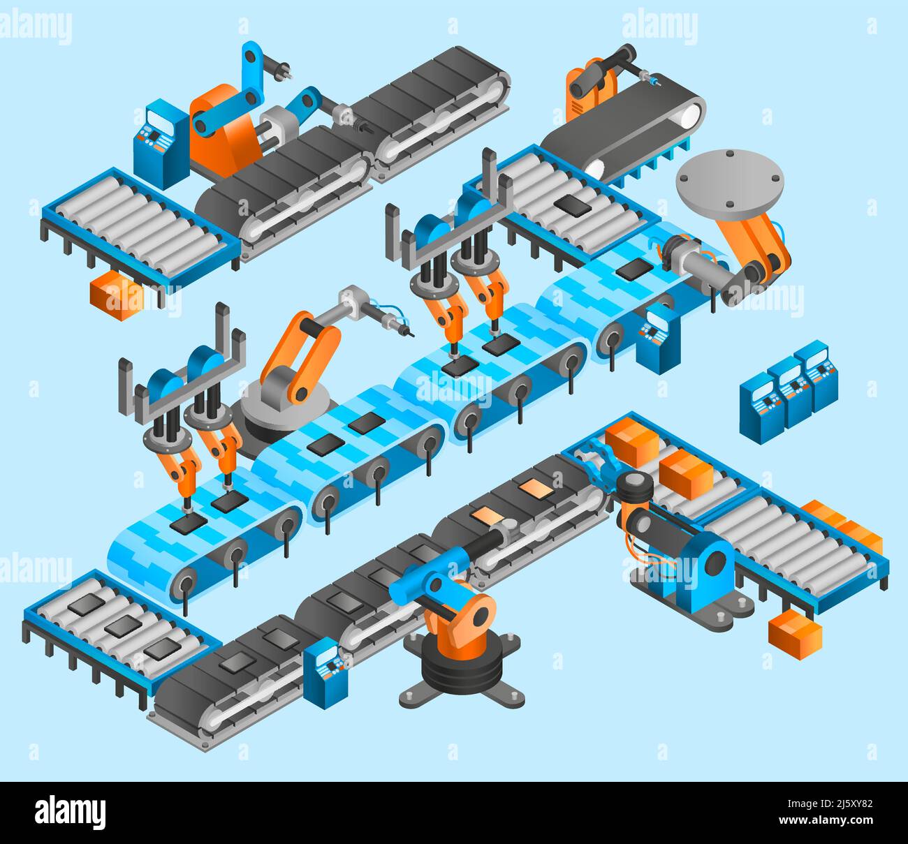 Industrial robot concept with isometric conveyor line and robotic arm manipulators vector illustration Stock Vector