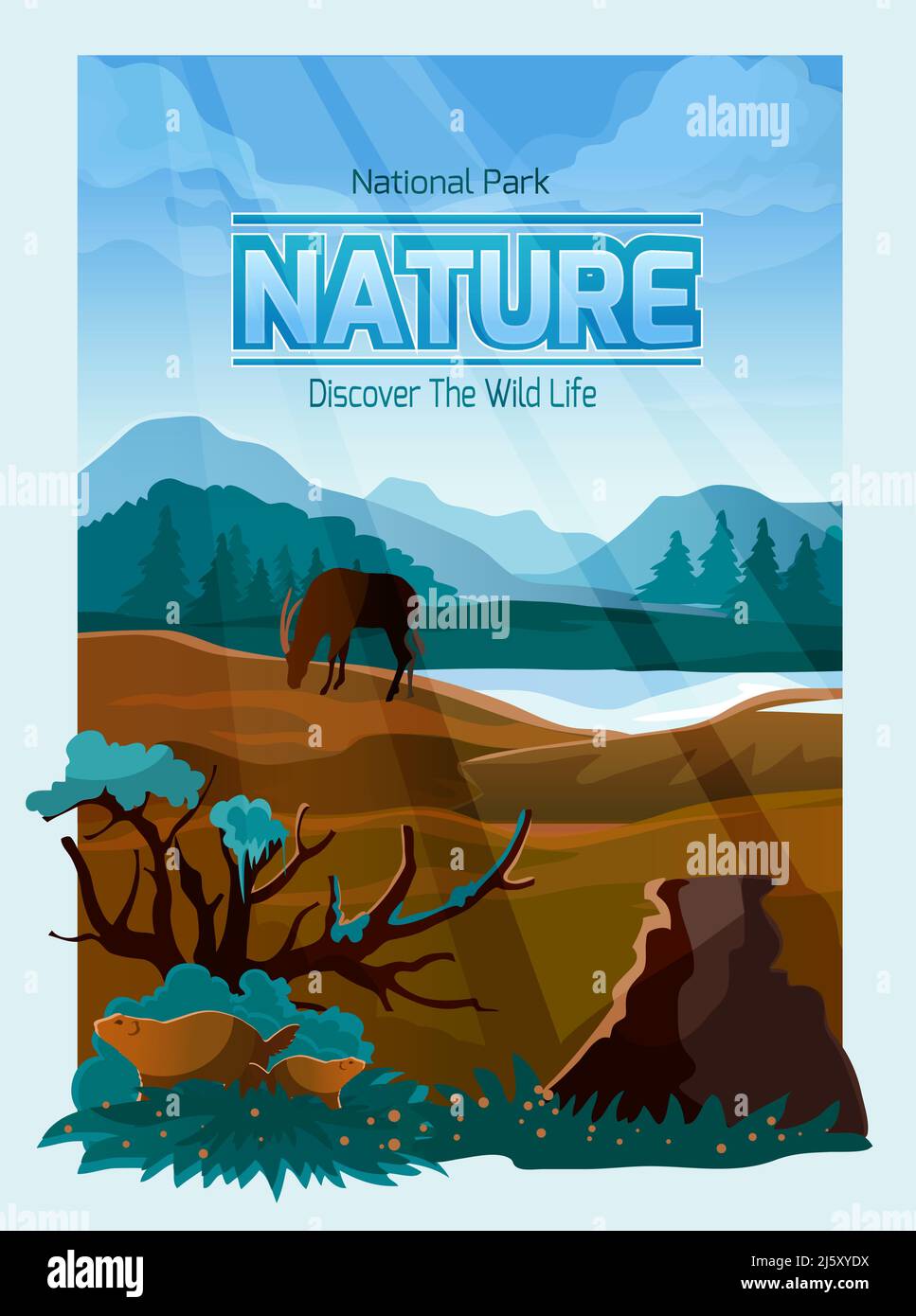 National park wild life decorative banner with mountains range background plants and animals abstract vector illustration Stock Vector