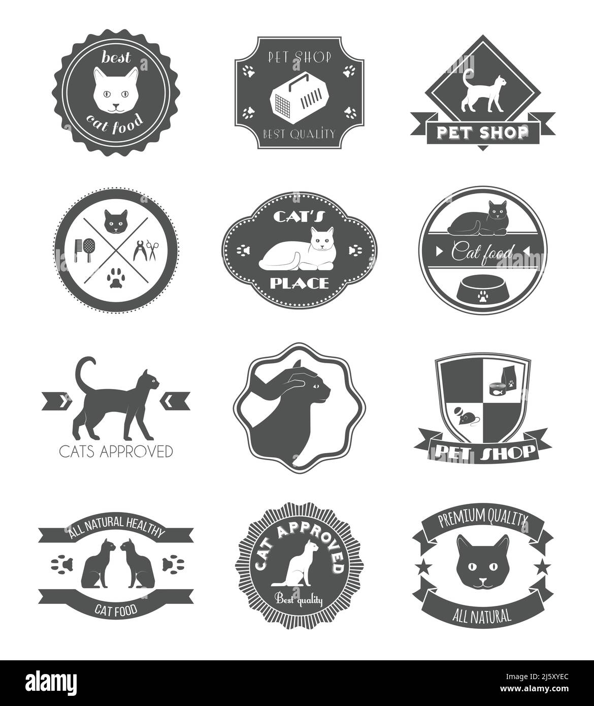 Pets place healthy food black symbols labels collection for premium quality products poster abstract isolated vector illustration Stock Vector