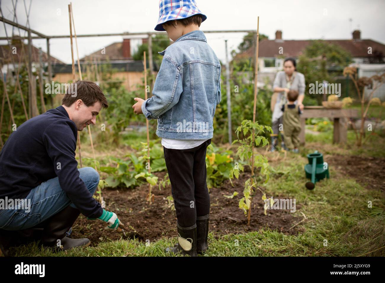 Father and son digging in garden Stock Photo