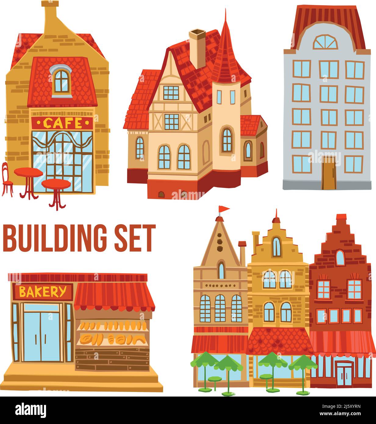 Old town flat buildings set with cafe bakery and hotel isolated vector illustration Stock Vector