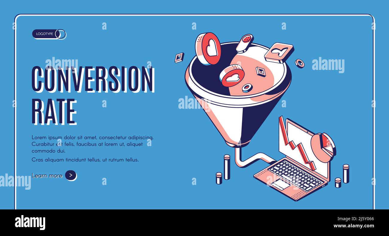 Conversion rate isometric web banner. Funnel sales channel, inbound