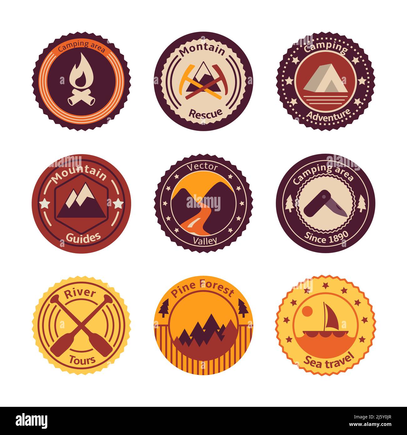 Outdoors tourism camping flat badges set of road mountain tree and ...