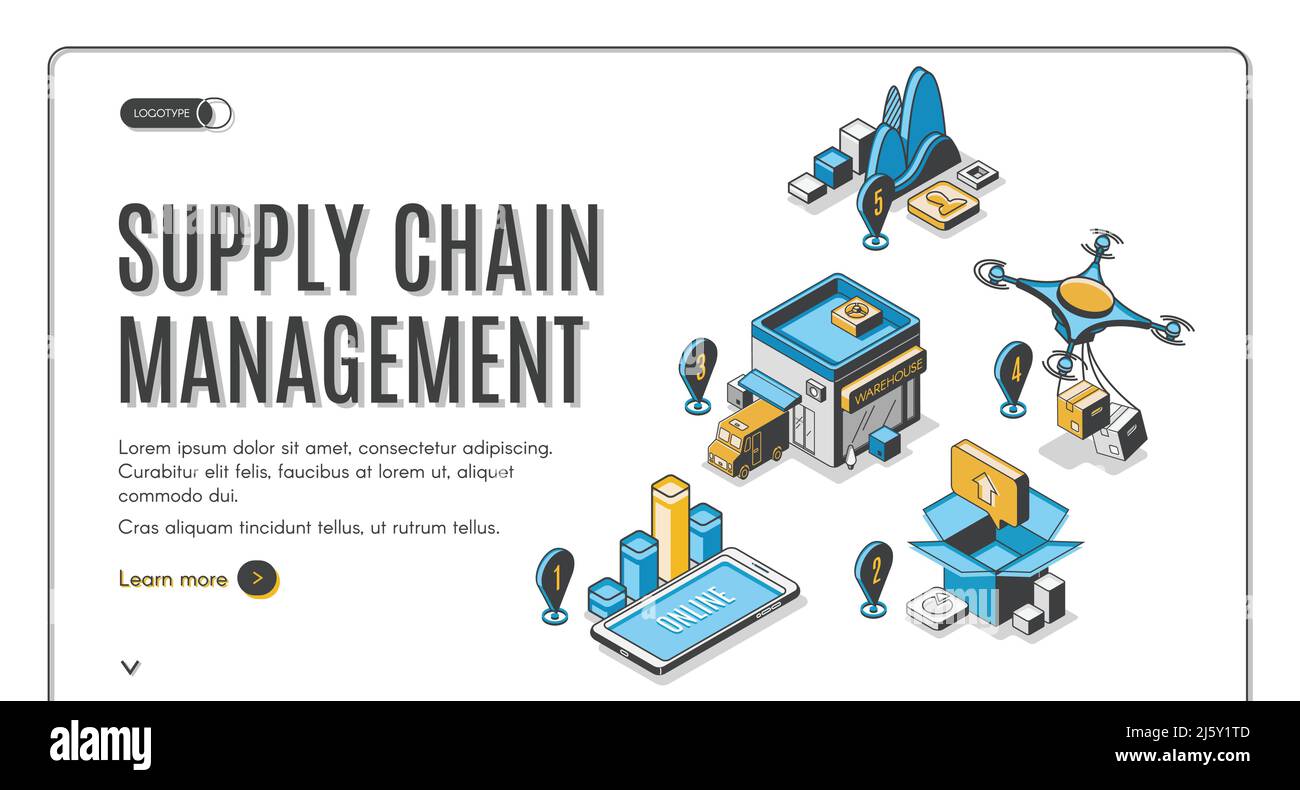 Supply chain management isometric landing page. Drone logistic and ...