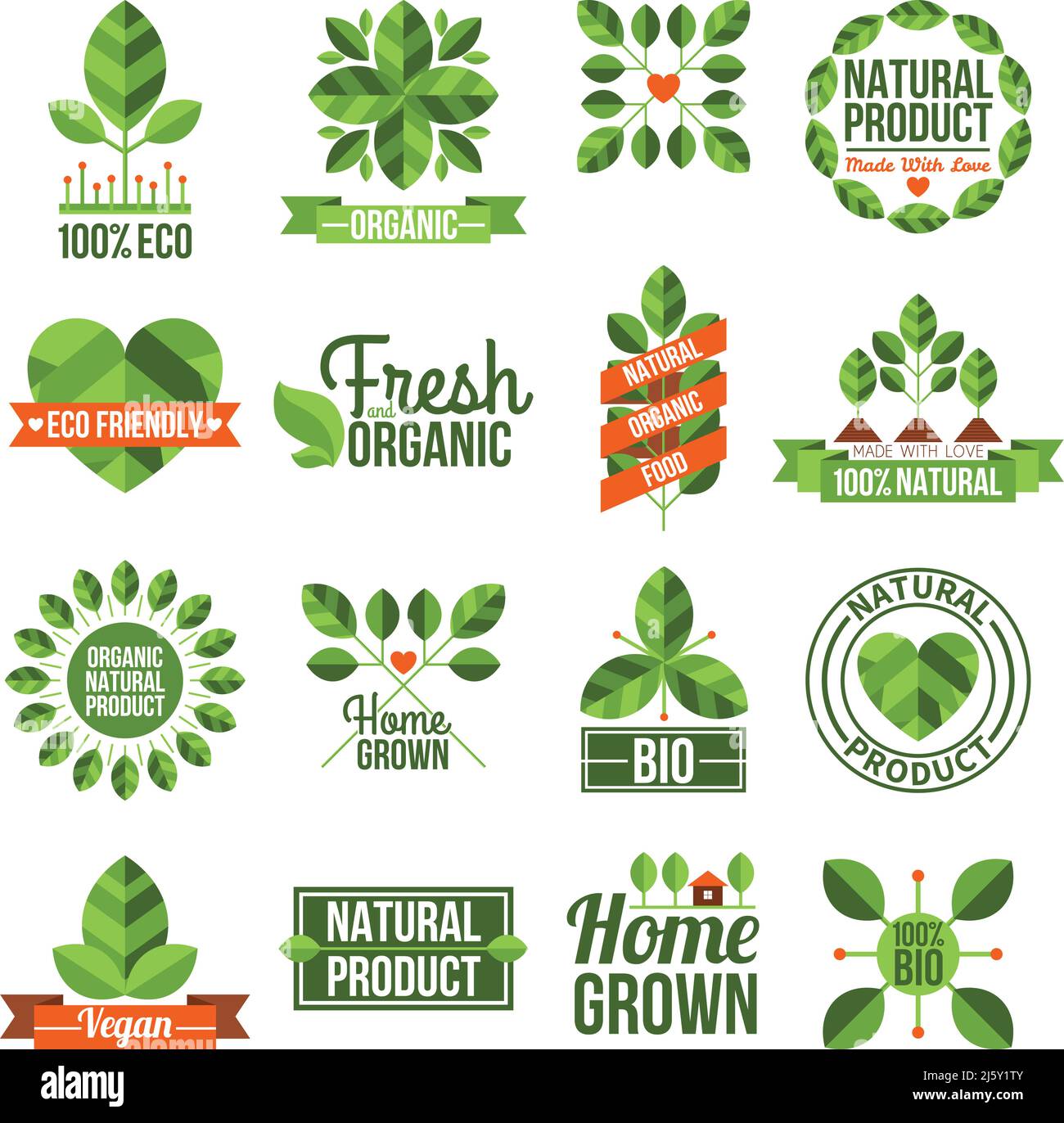 Labels and emblems flat set of organic and natural products isolated vector illustration Stock Vector