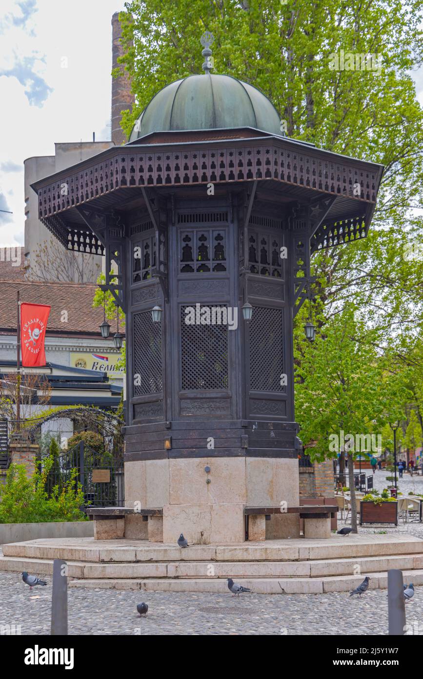 Belgrade, Serbia - April 18, 2022: Ottoman Style Turkish Sebilj Water Fountain at Skadarlija Street Spring Day. Stock Photo