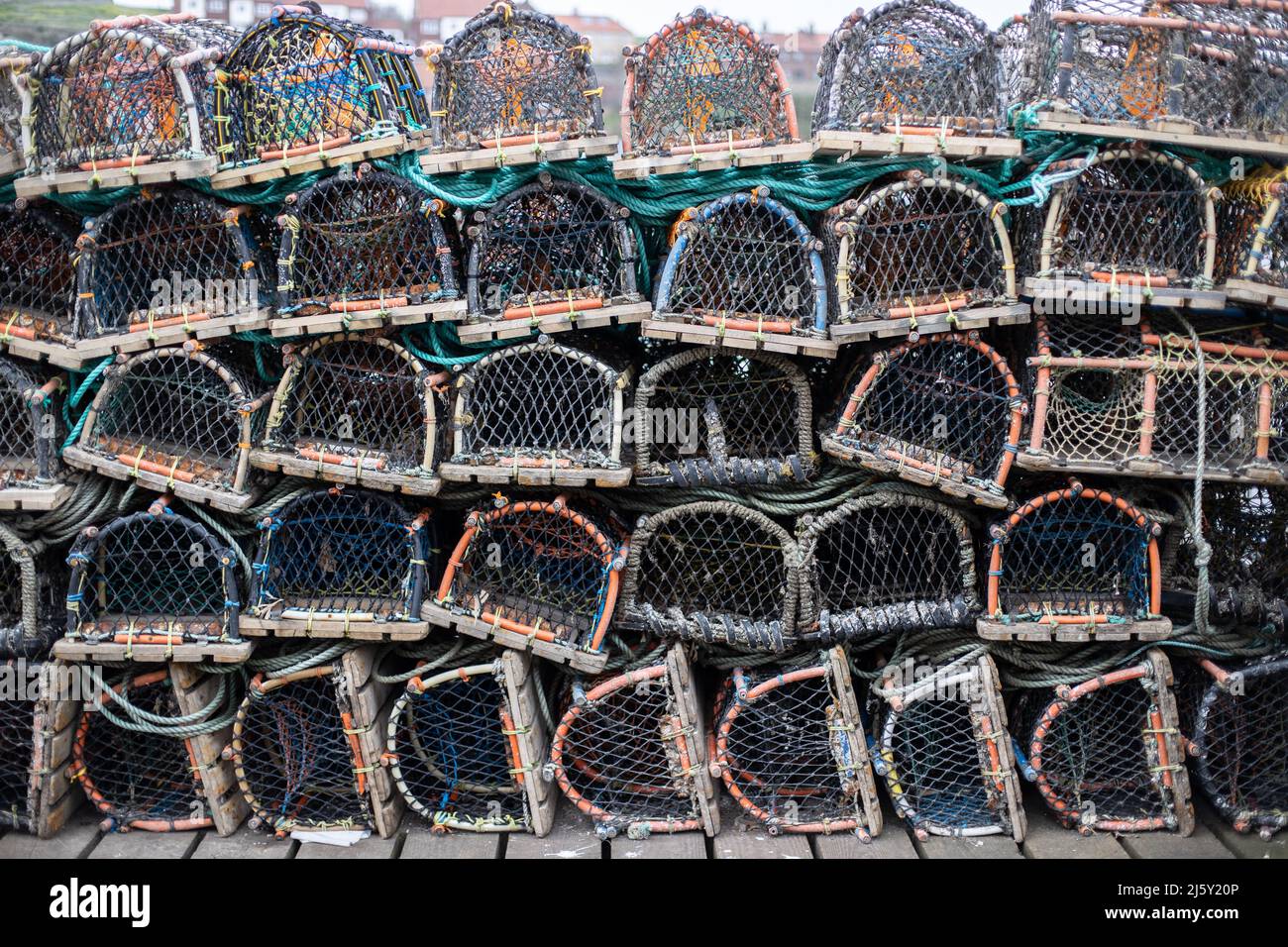 WHITBY, ENGLAND, UK. April 25th 2022. Fishing nets and crabbing crates
