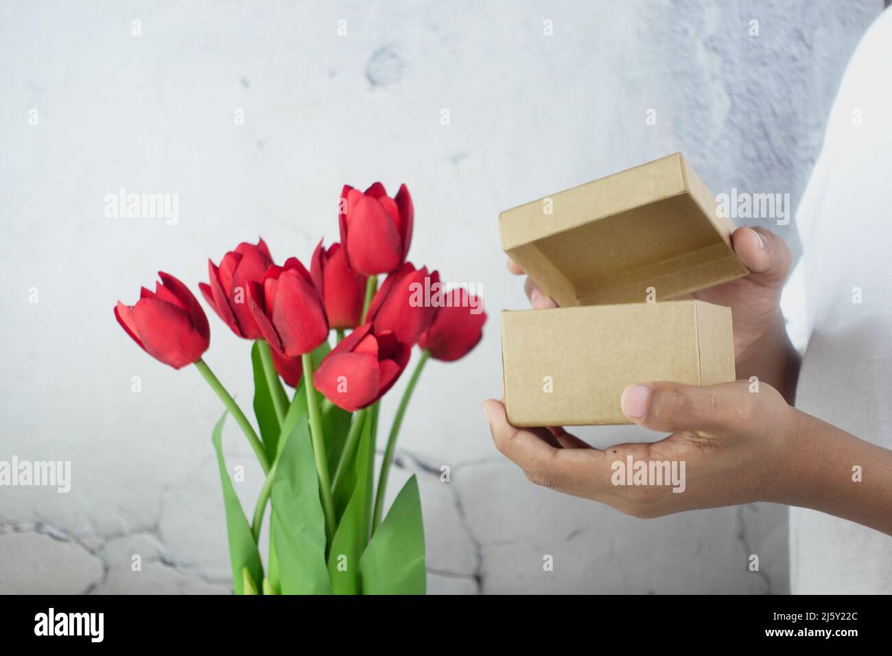 person open a empty small gift box  Stock Photo