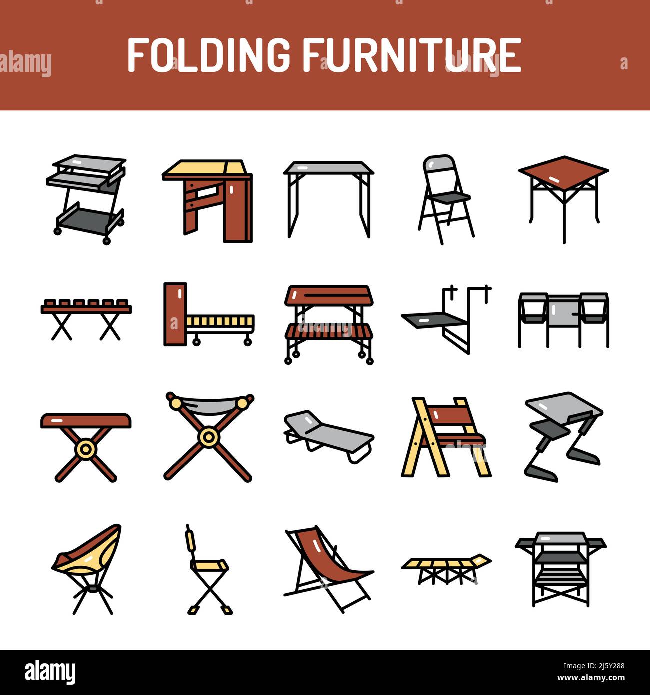Folding furniture color line icons set. Signs for web page, mobile app, button. Editable stroke. Stock Vector
