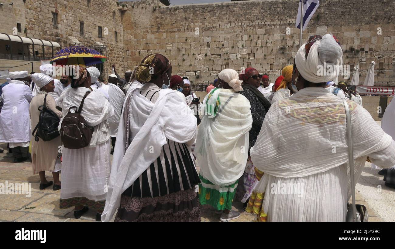 Members of the Beta Israel community stand at the plaza of the Western Wall during the Jewish Pesach (Passover) holiday in Jerusalem, Israel. Stock Photo