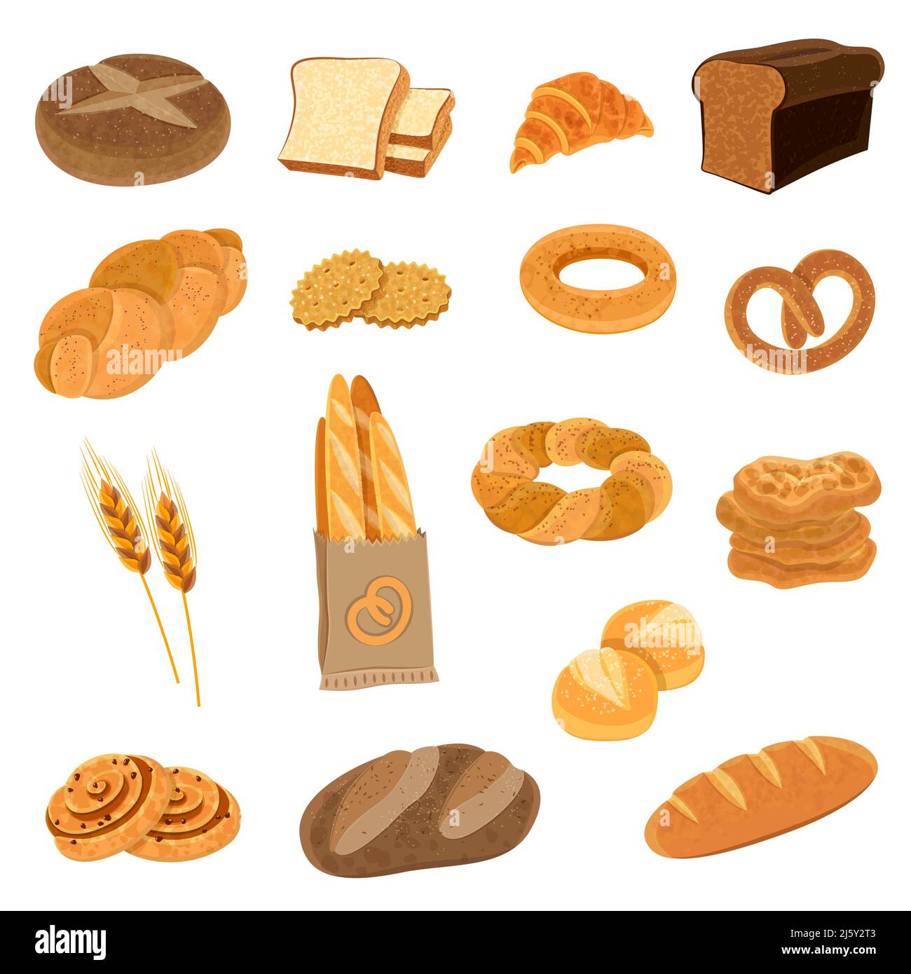 Bakery fresh bread varieties assortment flat icons collection with loaf and french baguette abstract isolated vector illustration Stock Vector
