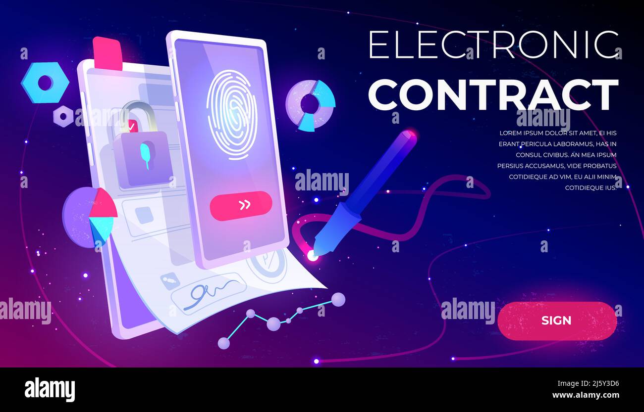 Electronic contract web banner, e-signature on document at mobile ...