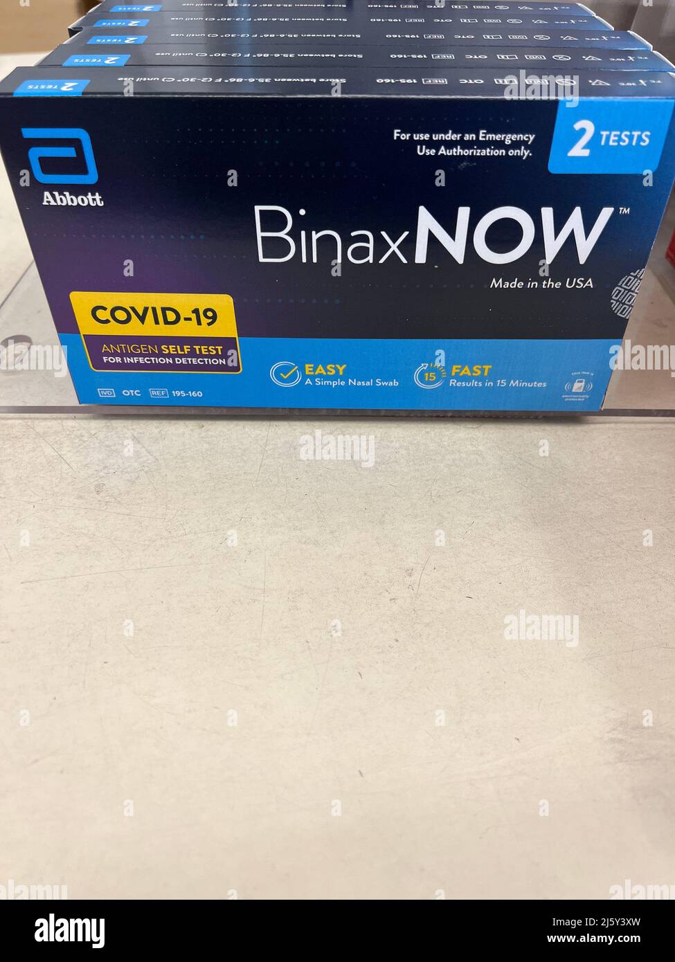 BinaxNow Covid19 Rapid Antigen Tests sold at a Walgreens store Stock
